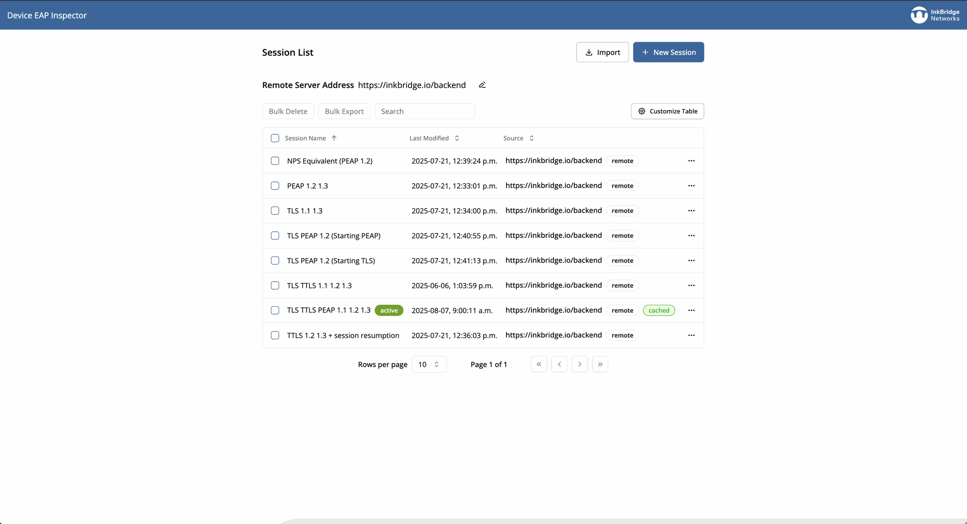 EAP Inspector session list interface showing TLS session resumption status and remote server addresses
